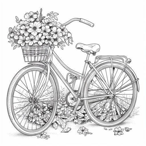 Vintage bicycle with flower basket. Coloring book page