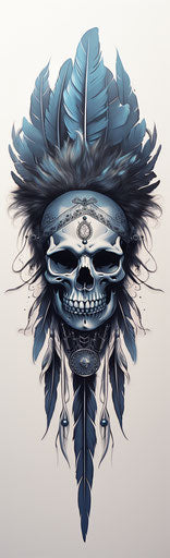 Tattoo skull feather, dark navy and silver, dark white and light azure, realist detail