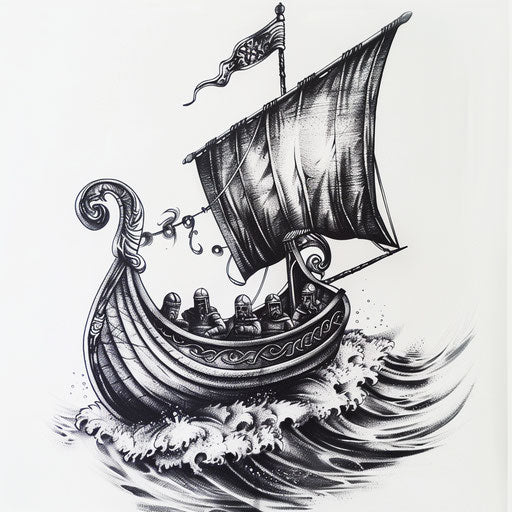 Viking longship tattoo, battling the waves