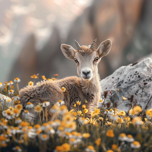 Young ibex playing among alpine flowers