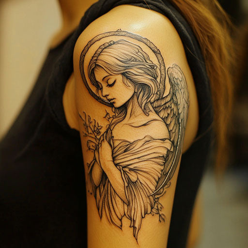 Serene angel with flowing robes and halo in tattoo