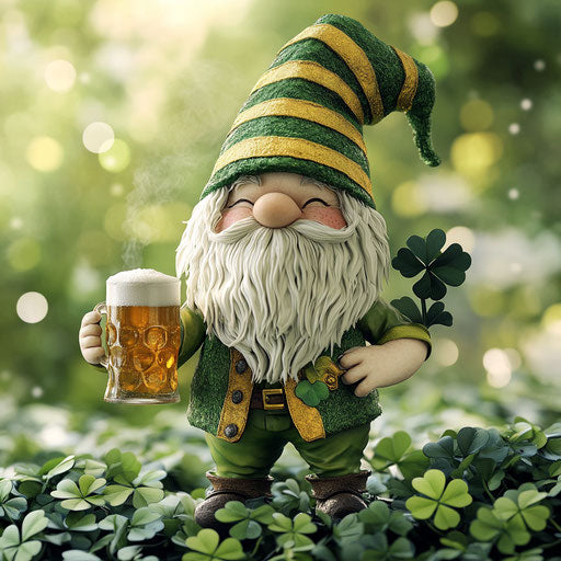 St Patrick's Day, Cute gnome in green and gold outfit holding beer mug surrounded by clovers, hyperrealistic oil painting style, ultra wide lens, bokeh