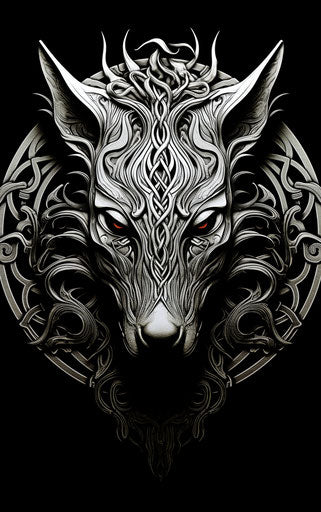 Celtic wolf tattoo with stag head, aerial view style