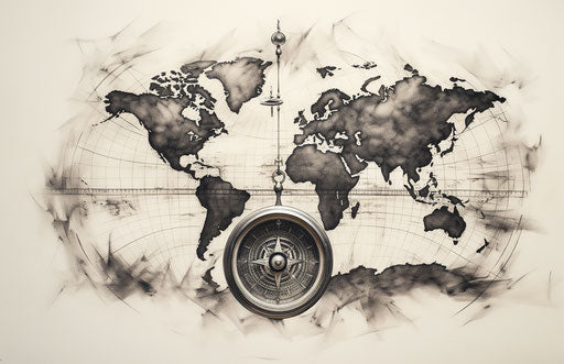 World map with compass, black and white ink drawing