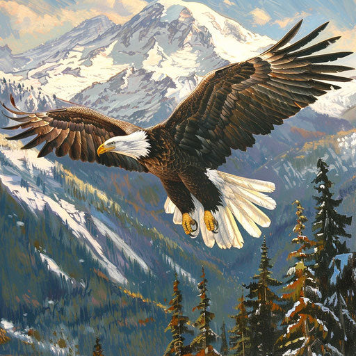 Bald eagle gliding above snowy landscape with mountains