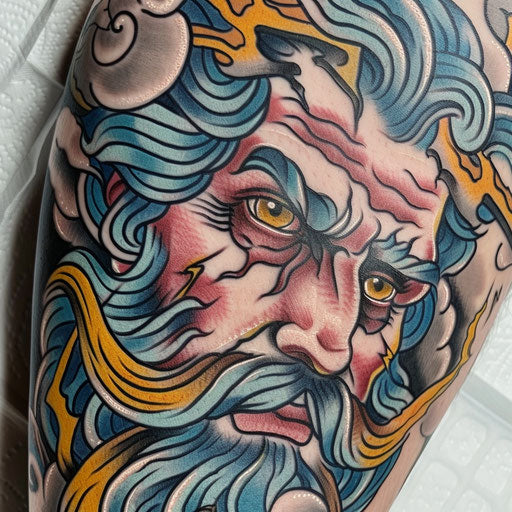 Zeus with lightning eyes in a storm cloud