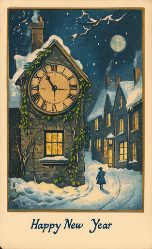 Happy New Year in the snowy town at night under the moon