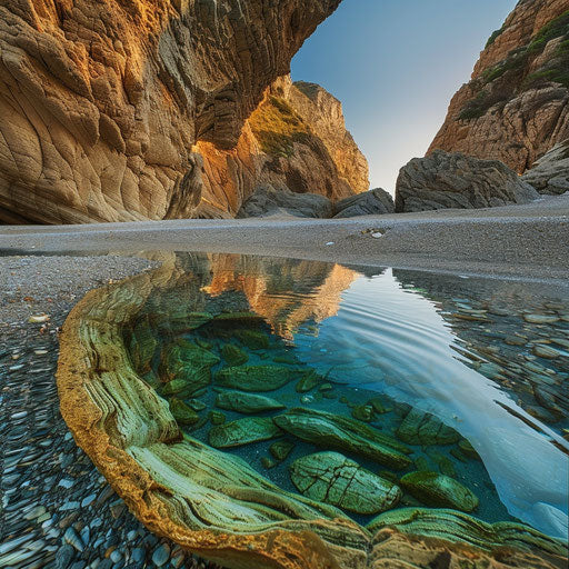 Rocky beach with intricate formations and clear water