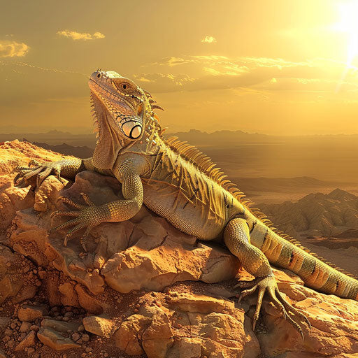 Iguana sunbathing on a rock in a desert landscape