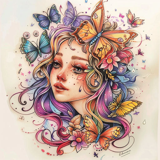 Whimsical tattoo sketch of Aphrodite surrounded by fluttering pastel butterflies