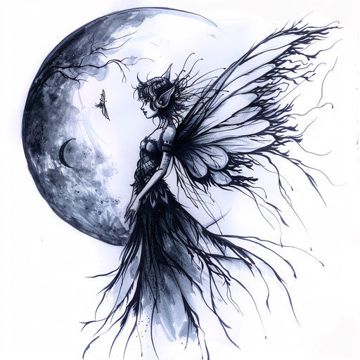 Moon fairy tattoo moon reflection wings night white