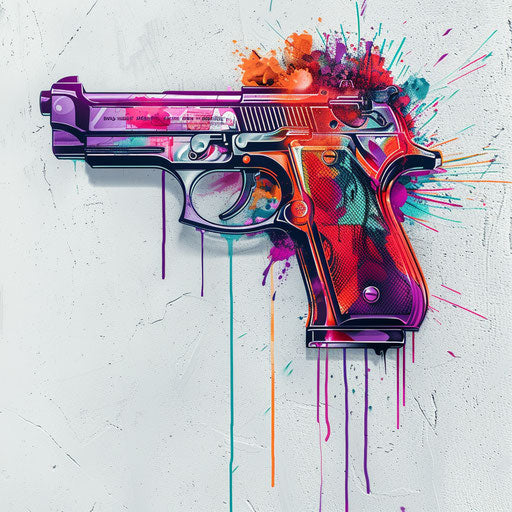 Graffiti-style tattoo design of a handgun with explosive colorful tags on a white urban wall texture background
