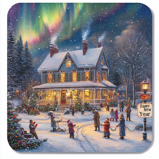 Snow-covered Christmas house with northern lights and street party