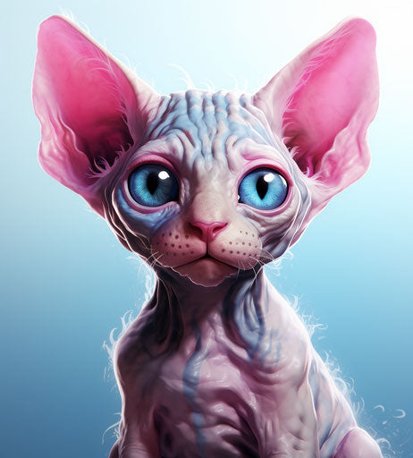 Cute sphynx cat with big blue eyes, light maroon and black style, cut/ripped 26:29