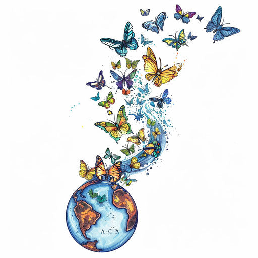 Sketch of globe with butterfly trail, cheerful design