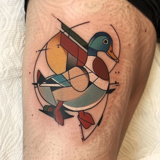 Art Deco inspired duck tattoo with bold geometric shapes and metallic colors on white background