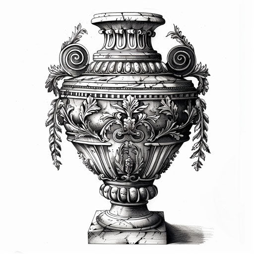 Ornamental Greek urn as detailed tattoo on white background