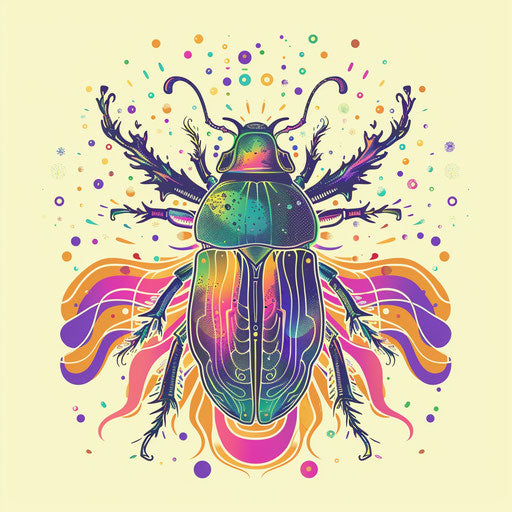 Sketch of a mystical beetle with aura and energy waves in a psychedelic clipart style