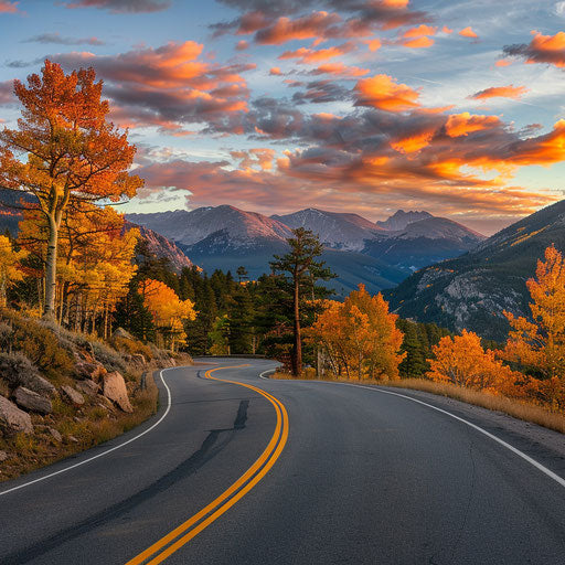Autumn foliage on ridge road, mountain backdrop