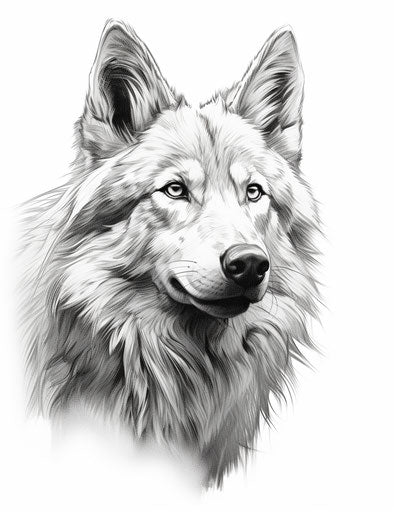 Black and white sketch of a white wolf, graphic novel style, realistic and stylized