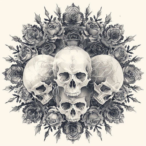 Intricate gothic mandala, blending elements of skulls, roses, and thorns, rich in detail and contrast, on a clean white background.