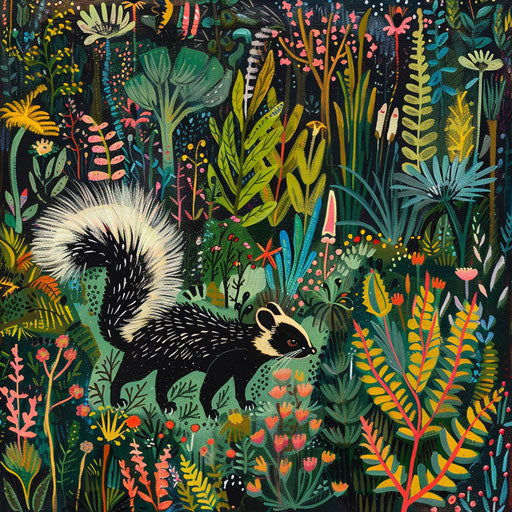 Exploring a lush garden by a skunk