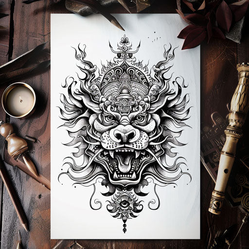 Bold flat tattoo sketch for a Sak Yant with a roaring lion head in a striking clipart style