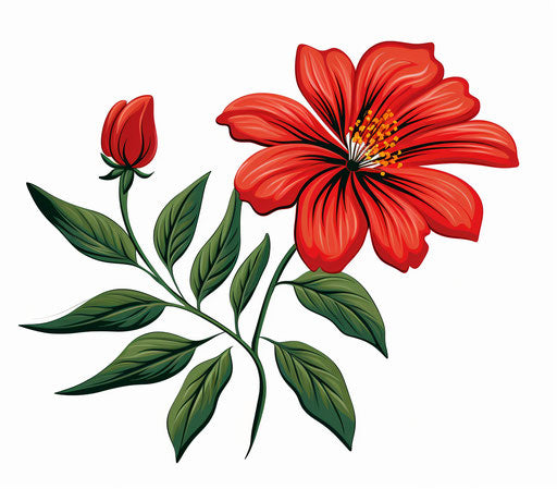 Drawing of a red flower with green leaves