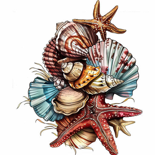 Naturalistic tattoo sketch beach shells starfish