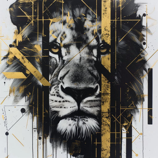 Fierce lion's face blending with black and gold geometric pattern, displayed on white canvas.