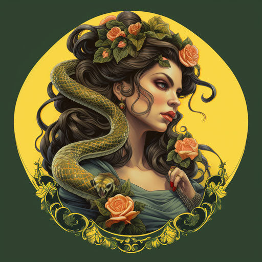 Portrait of a girl holding a snake and a rose