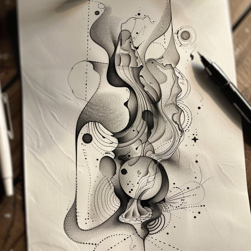 Contemporary flat tattoo sketch of an abstract art piece using varied dot sizes