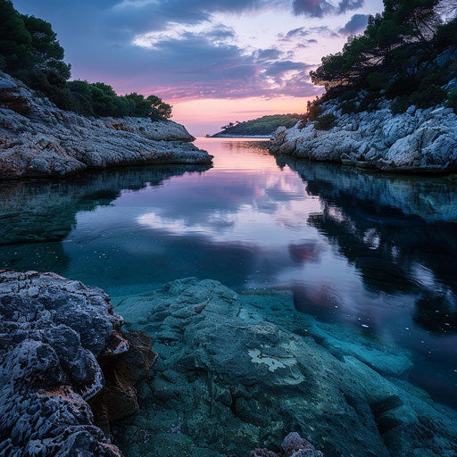 Hvar Beach with ethereal twilight and reflective waters