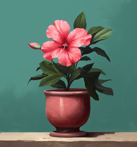 Pink flower in a pot, poignant style, dark pink and dark emerald