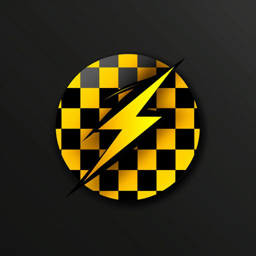 Classic logo design art in black and yellow, on a checkered background