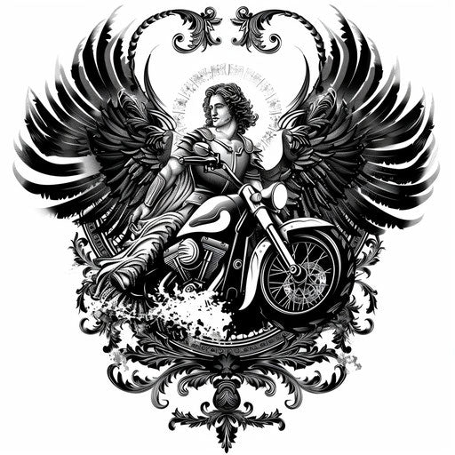 Archangel Michael with decorative motorcycle in baroque style