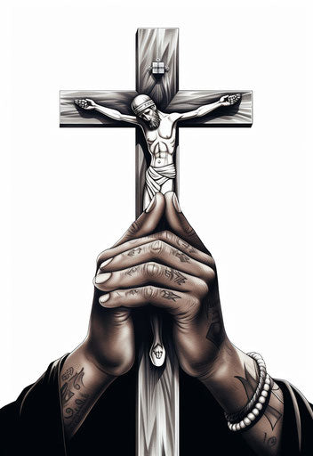 Man holding a cross while praying, black and white drawing