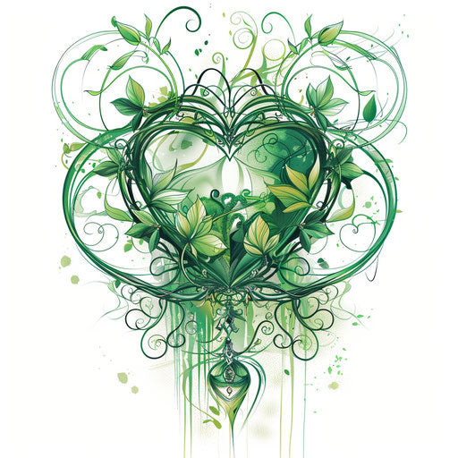 Art Nouveau style Heart Chakra tattoo illustration, green organic forms and vines on white background
