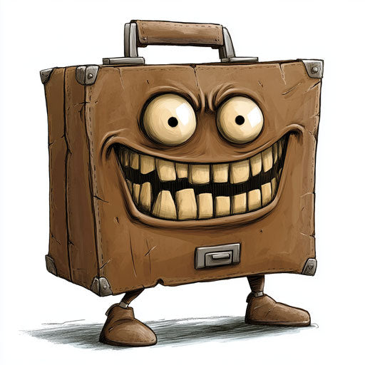 Humorous caricature of a briefcase with exaggerated human characteristics