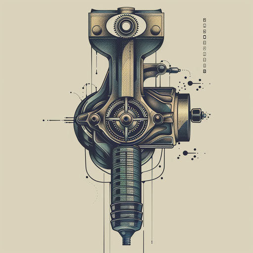 An intricate mechanical sketch of a flat piston tattoo