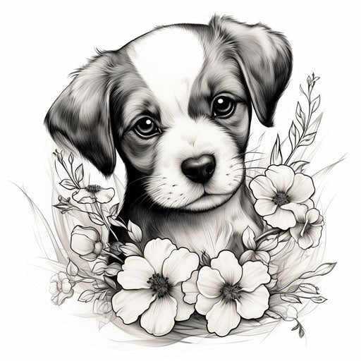 Black and white painting of a puppy and flowers
