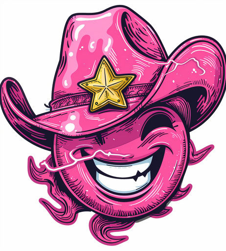 Smiley face of pink cowgirl with lightning bolt in hat