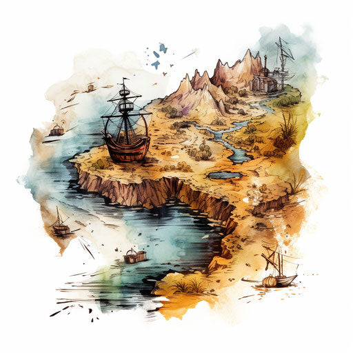 Impressionistic treasure map clipart on white background