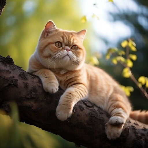 Exotic Shorthair cat lying on a tree branch