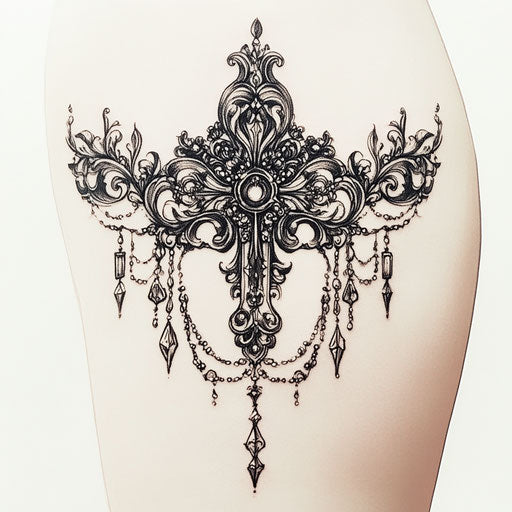 Gothic cross with ornate details on thigh