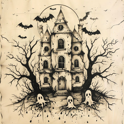 Flat and eerie tattoo sketch of a haunted house with ghosts