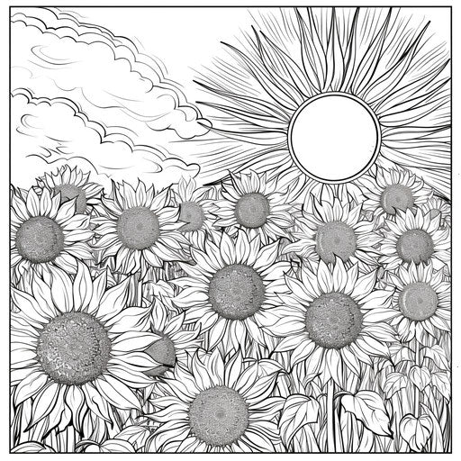 Sunflower field under the sun. Coloring book page