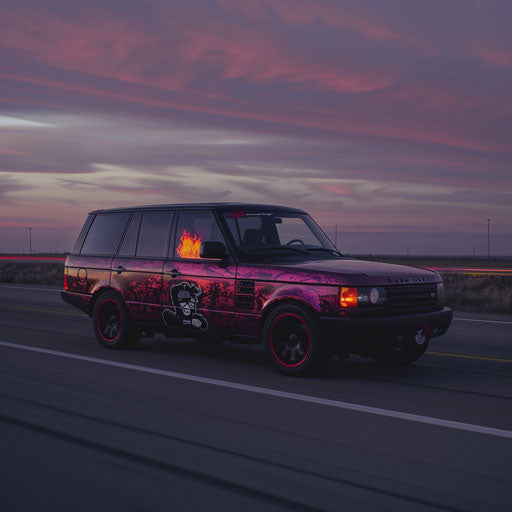 SUV turned hot rod with supercharged engine and flame decals on deserted highway at dusk
