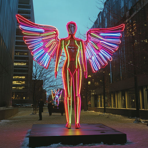 Futuristic angel with neon wings in modern city