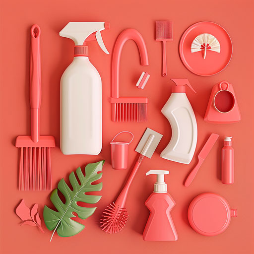 Realistic chores clipart on a vibrant coral background